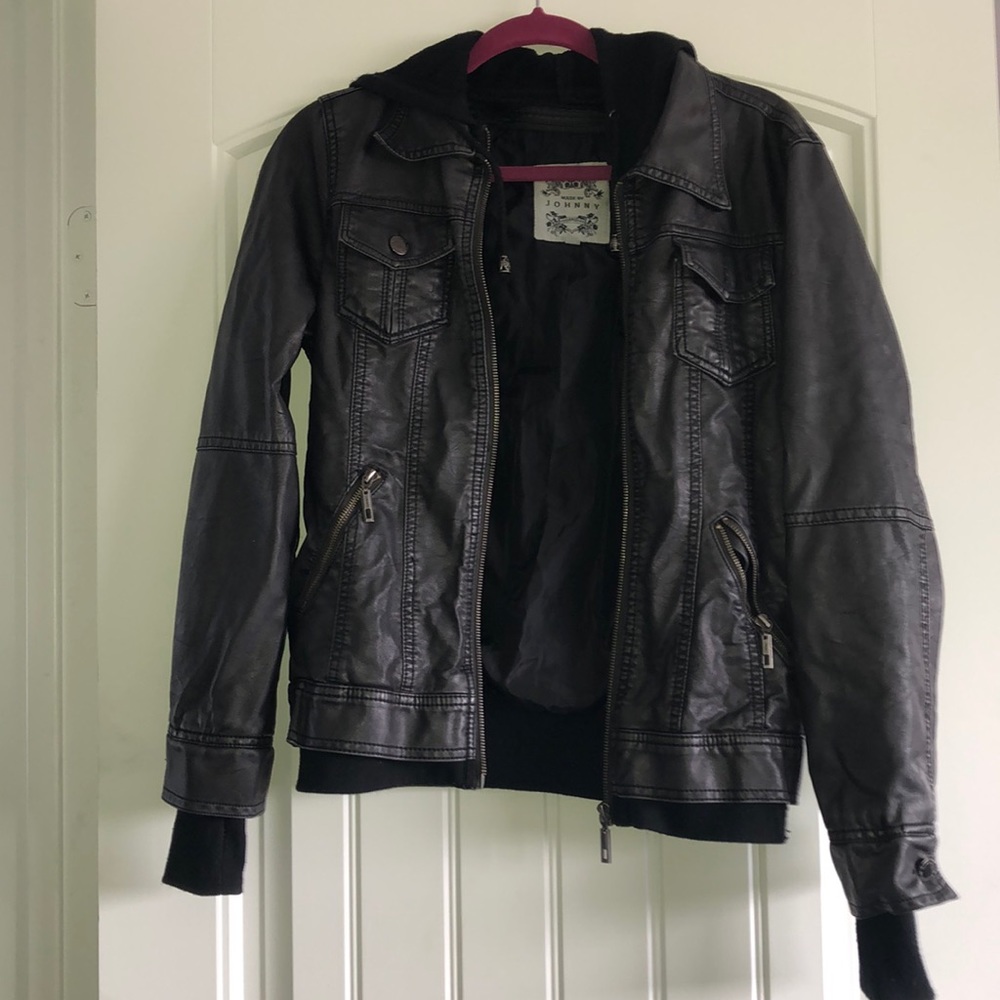 Black leather jacket with hoodie